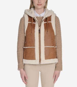 Women's Waxed Suede Shearling Vest With Set-In Hood